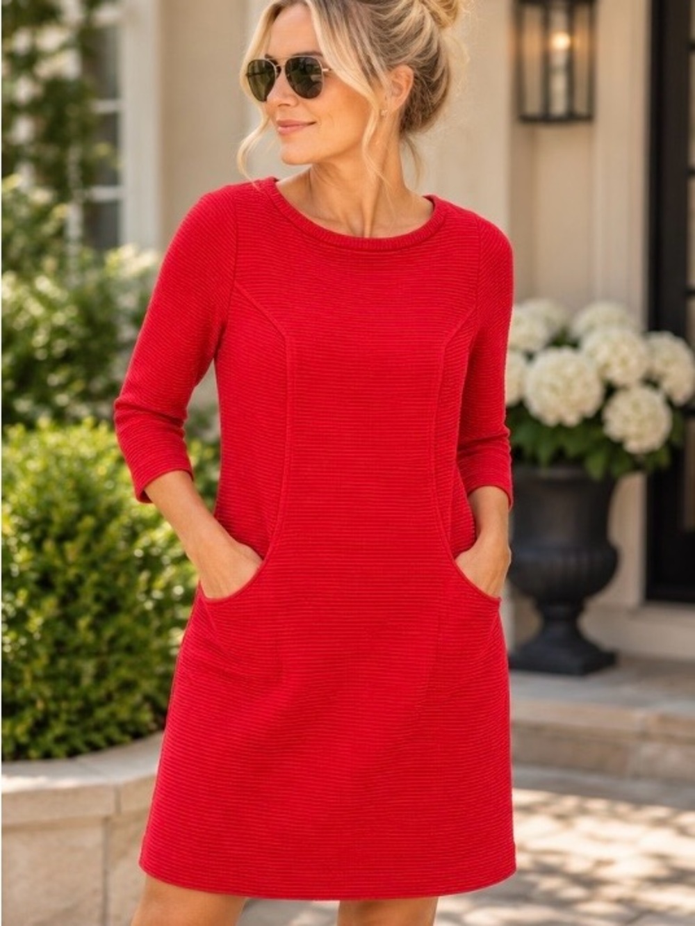 Boden Red Ottoman Ribbed Dress Front Pockets 3/4 Sleeve Structured 100% Cotton